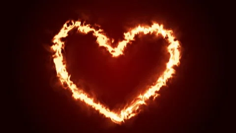 On a dark red background, the shape of the heart burns with fire. Animation for Stock Footage 249514667