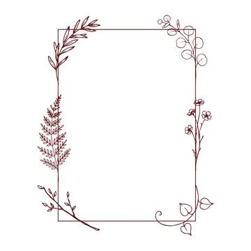 Dark red botanical frame featuring various leaves, ferns, and flowers, isol.. Stock Illustration
