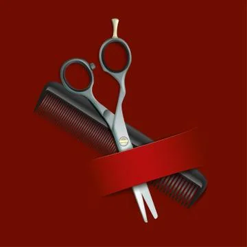 Dark Red Cover Comb Scissors Banner Stock Illustration