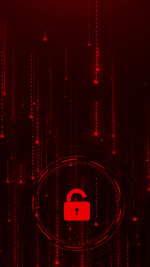 Dark red digital breach alert visual unlocked padlock, binary rain, cyber interf Stock Footage 340409614