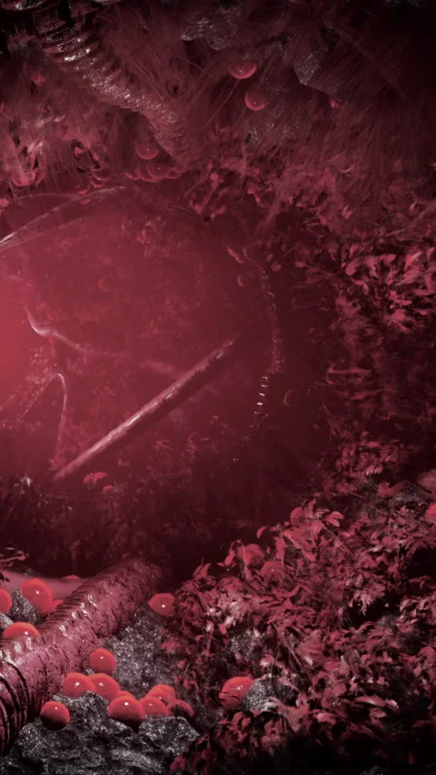 Dark red forest with trees and shapes visible in dim light Stock Footage 337998703