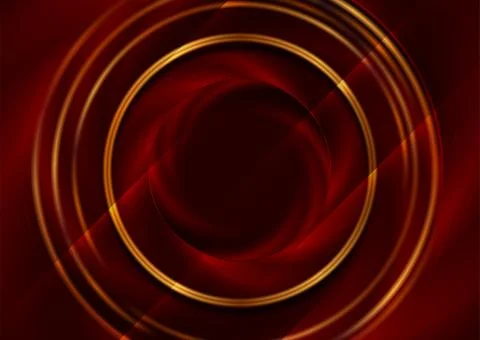 Dark red glowing circular abstract background with golden smooth rings Stock Illustration