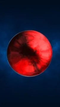 Dark red glowing energy sphere floating in deep blue space, symbolizing pow.. Stockillustratie