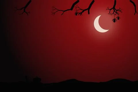 Dark red halloween background with crescent moon silhouettes of bare trees .. Stock Illustration