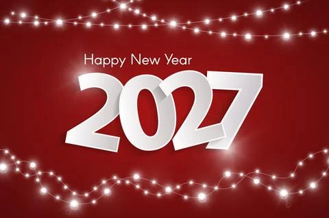 Dark red Happy New Year 2027 concept with glowing white silver garlands. Stock Illustration