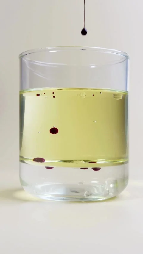 Dark red ink drops fall into clear yellow oil Video stock 331774766