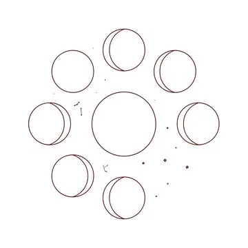 Dark red line of moon phases arranged in a circle with small stars and cons.. Stock Illustration