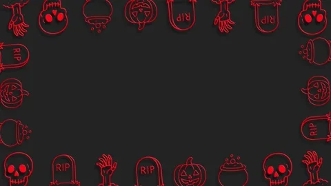 Dark red neon halloween border with skulls and spooky cauldrons Stock Footage 324858244