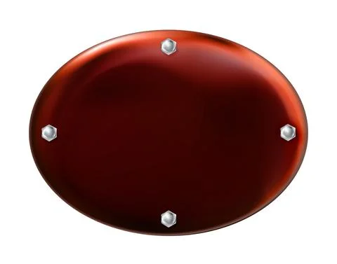 Dark red oval painted plate with screws isolated on white background. Stock Illustration