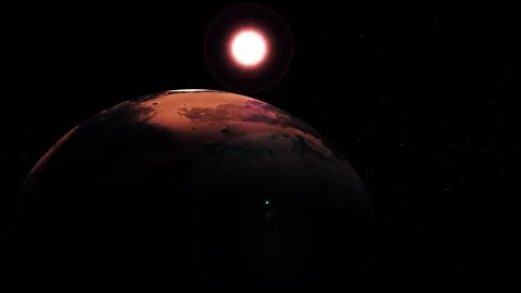 Dark red planet with a bright sun above the horizon in deep space with star.. Stock Footage 340389342