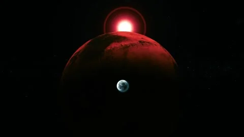 Dark red planet in deep space with a small moon and glowing sun behind it Stock Footage 340383389
