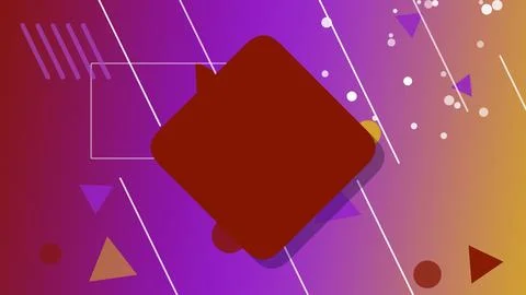 A dark red rounded square floats at center over a purple geometric scene wi.. Ilustração Stock