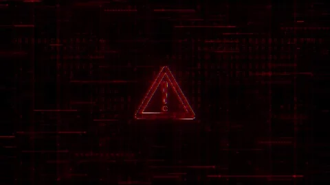 Dark red security glitch visual with warning icon, fractured scan lines, and dig Stock Footage 340554209