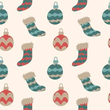 Dark Red vector seamless texture with colored snowflakes, balls, socks, mitte Stock Illustration