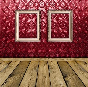 Dark red vintage interior with empty vintage frames hanging on the wall 스톡 사진