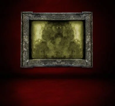Dark  red wall with frame and floor interior background Stock Photos