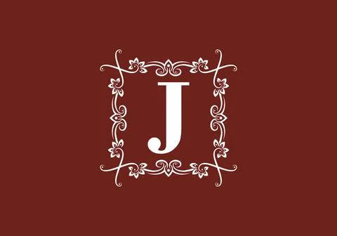 Dark red white J initial letter in square classic frame Stock Illustration