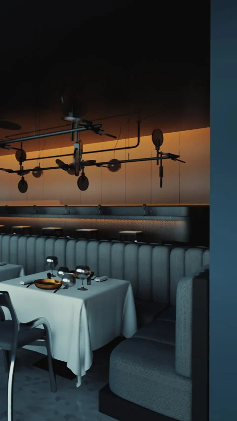 Dark restaurant interior with tables set for dinner in urban setting Stock Footage 337940204