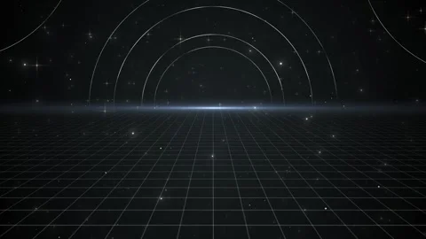 Dark retro grid horizon background white arc lines, star particles, and Stock Footage 333981727