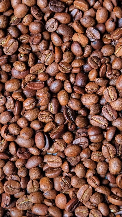 Dark roast coffee beans background, Vertical movie 스톡 동영상 307579580