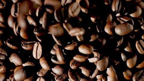 Dark roasted coffee beans falling, showcasing vibrant texture and aroma of Stock Footage 277015282