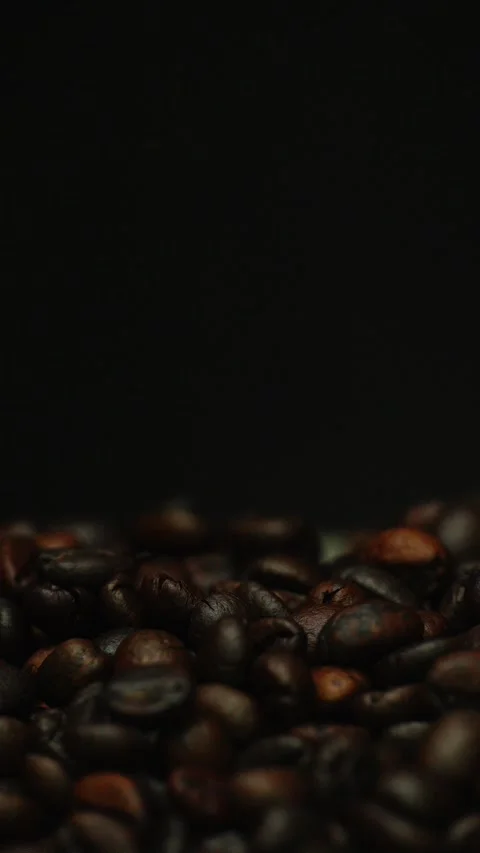 Dark roasted coffee beans falling on a black background. Vertical video Stock Footage 300243191