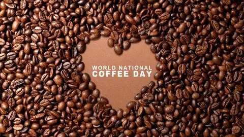 Dark roasted coffee beans forming a heart frame with World National Coffee .. Stock Photos