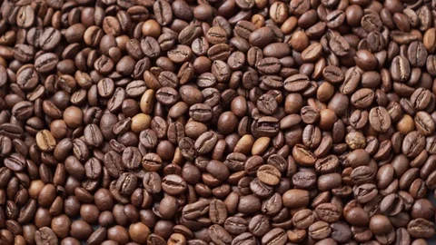 Dark roasted coffee beans move in a circle. Video stock 125056340