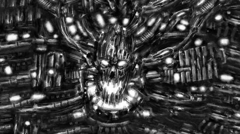 Dark robot skull screaming. Black and white illustration in sci-fi horror gen Stock Illustration