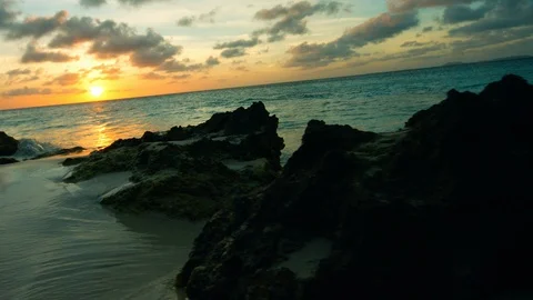Dark rocks, sea, sunset Stock-Footage 87139772