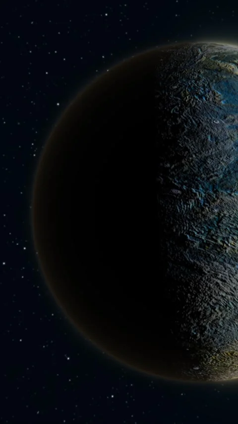 Dark rocky alien planet with a partially illuminated textured surface again.. Stock Footage 342049790