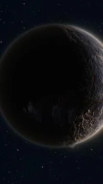 Dark rocky planet in deep space with stars, shadowed surface, glowing rim l.. イラスト素材