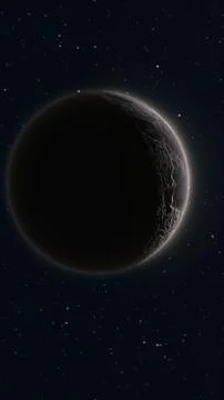 Dark rocky planet in deep space with stars, shadowed surface, glowing rim l.. Stock Illustration