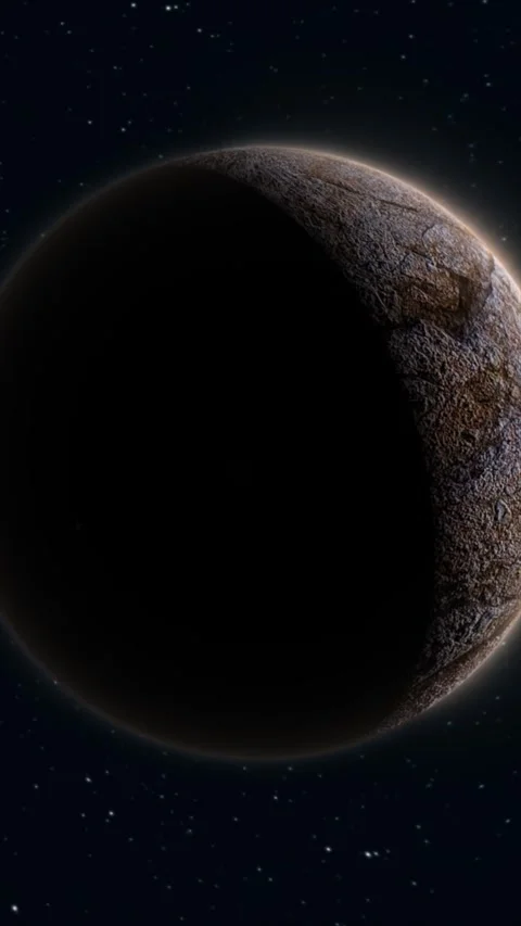 Dark rocky planet partially illuminated against a starry outer space backgr.. Stock Footage 343630275
