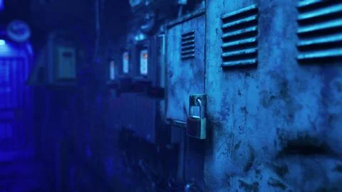 A dark room with a blue light coming through the window Ilustración de archivo