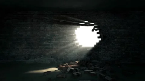 Dark Room with broken brick wall with sunlight rays. 4K Animation Stock Footage 166947293