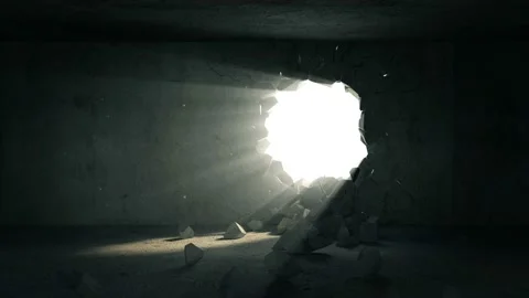 Dark Room with broken concrete wall with sunlight rays Stock Footage 166946705
