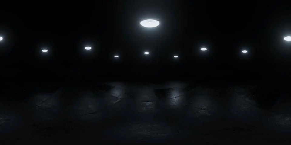 Dark room with circular ceiling lights 360 vr panorama Stock Illustration