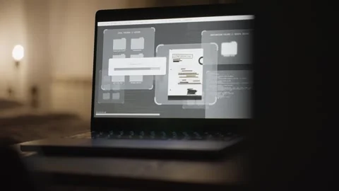 In dark room a computer laptop shows hack into secure system stealing files Stock Footage 300800463