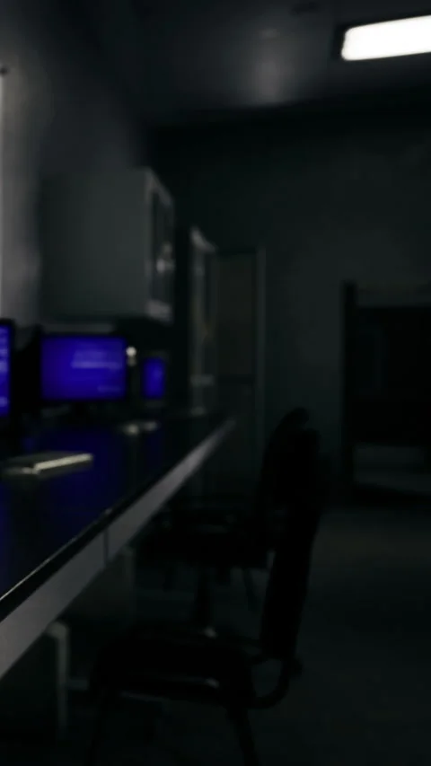 Dark room with computers showcases eerie silence and solitude at night Stock Footage 334207424