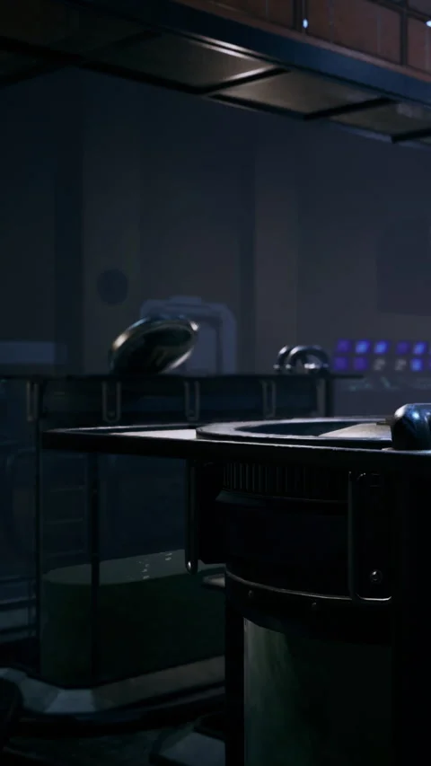 Dark room with futuristic objects and equipment in a science lab setting Stock Footage 334262633