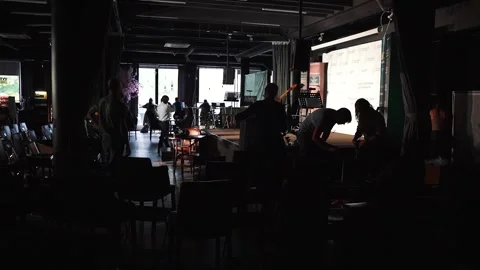 Dark room inside the theater with creative people with violins and make-up Stock Footage 162816876