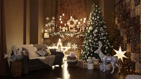 Dark room interior with New Year tree decorated Stock Footage 98856057