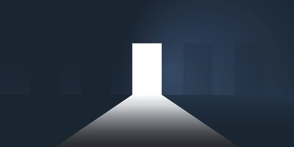 Dark Room, Light Coming In Through an Open Exit Door - Freedom, New Possibi.. Stock Illustration