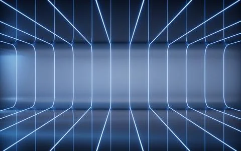 Dark room with neon lines effect, 3d rendering. Stock Illustration