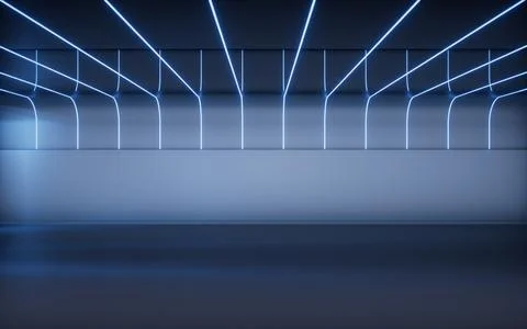 Dark room with neon lines effect, 3d rendering. Ilustración de archivo