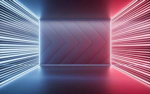 Dark room with neon lines effect, 3d rendering. Stock Illustration