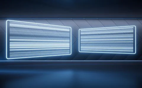 Dark room with neon lines effect, 3d rendering. Ilustración de archivo