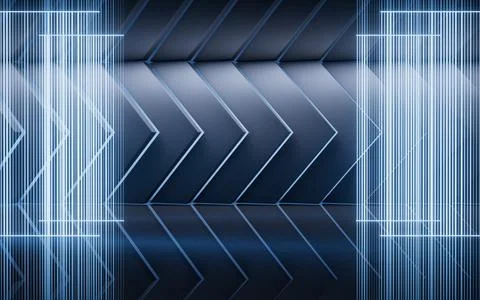 Dark room with neon lines effect, 3d rendering. Ilustración de archivo