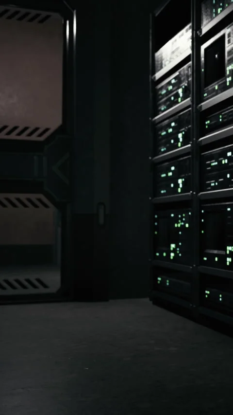 Dark room with server racks and an open door revealing a hallway Stock Footage 337958445